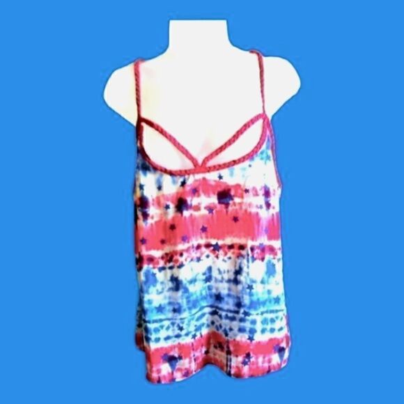 HALTER style type by NO BOUNDARIES Chiffon TIE DYE BRAIDED Cross Front W/Stars L - Picture 1 of 3